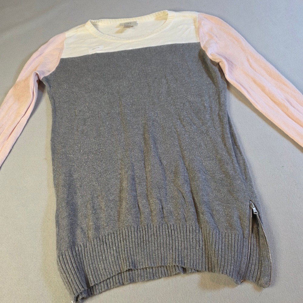 LOFT Colorblock Sweater Womens Medium Gray Pink Cream Side Zip Pullover Knit